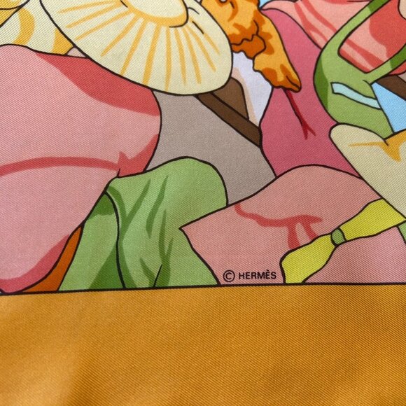 Hermes Silk "Marche Flottant Du Lac Inle II" Scarf Tangerine Color w Blue - Picture 9 of 16